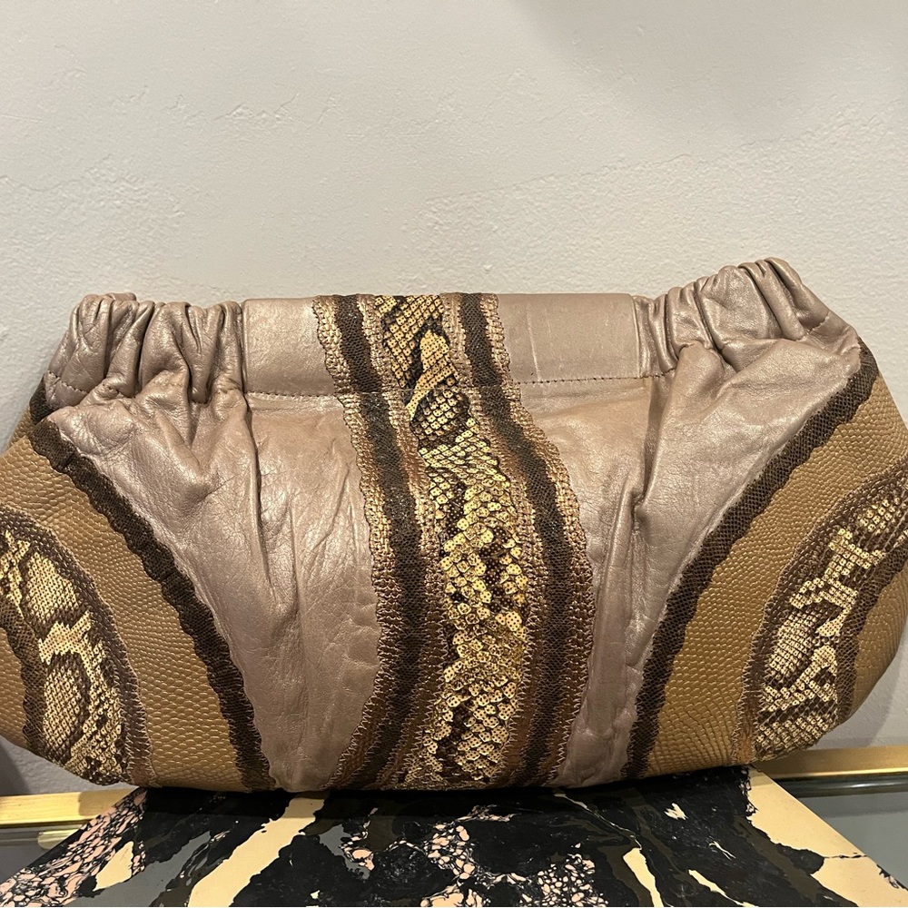 Carlos Falchi Metallic Brown and Gold Snakeskin Clutch
